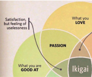 A partial diagram of the Ikigai model showing the intersection of 'What you love' and 'What you are good at,' labeled 'Passion,' along with a description noting 'Satisfaction, but feeling of uselessness.